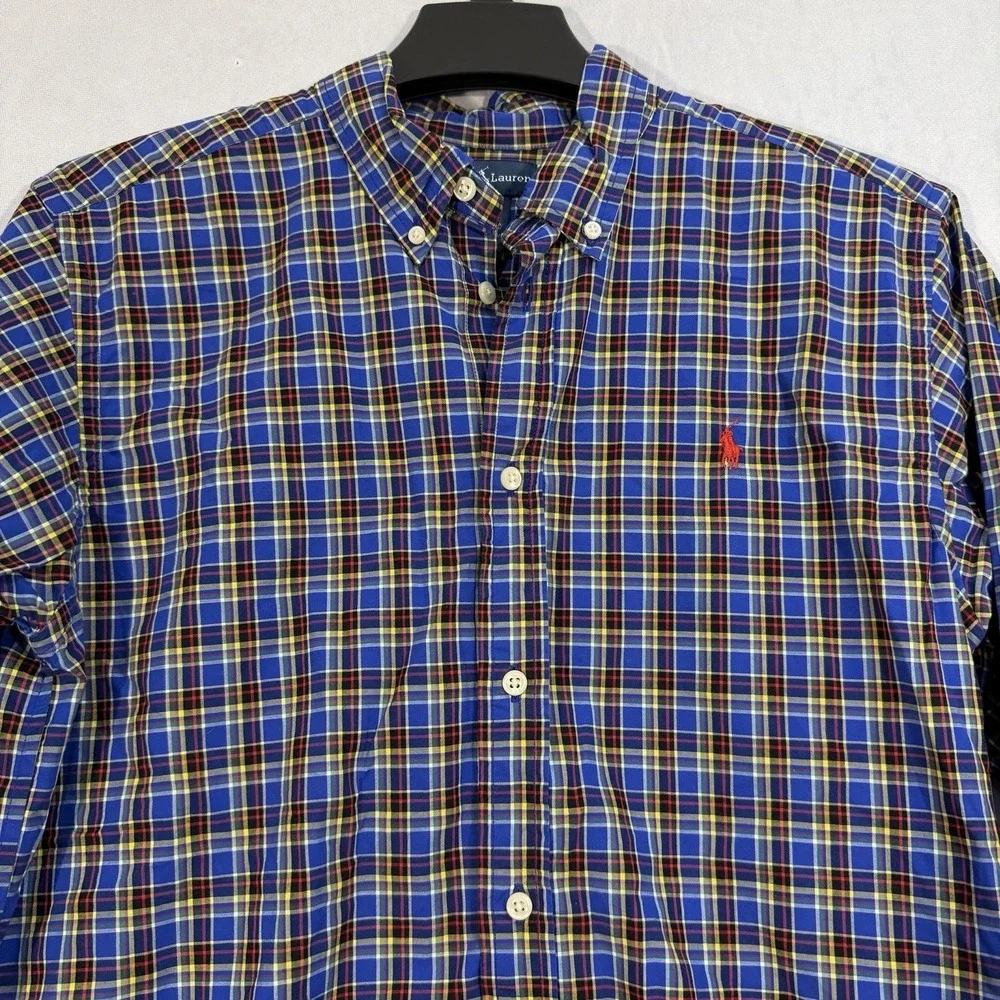Ralph Lauren Boys Plaid Red Pony Long Sleeve Button‎ Up Blue Check Stripes XL